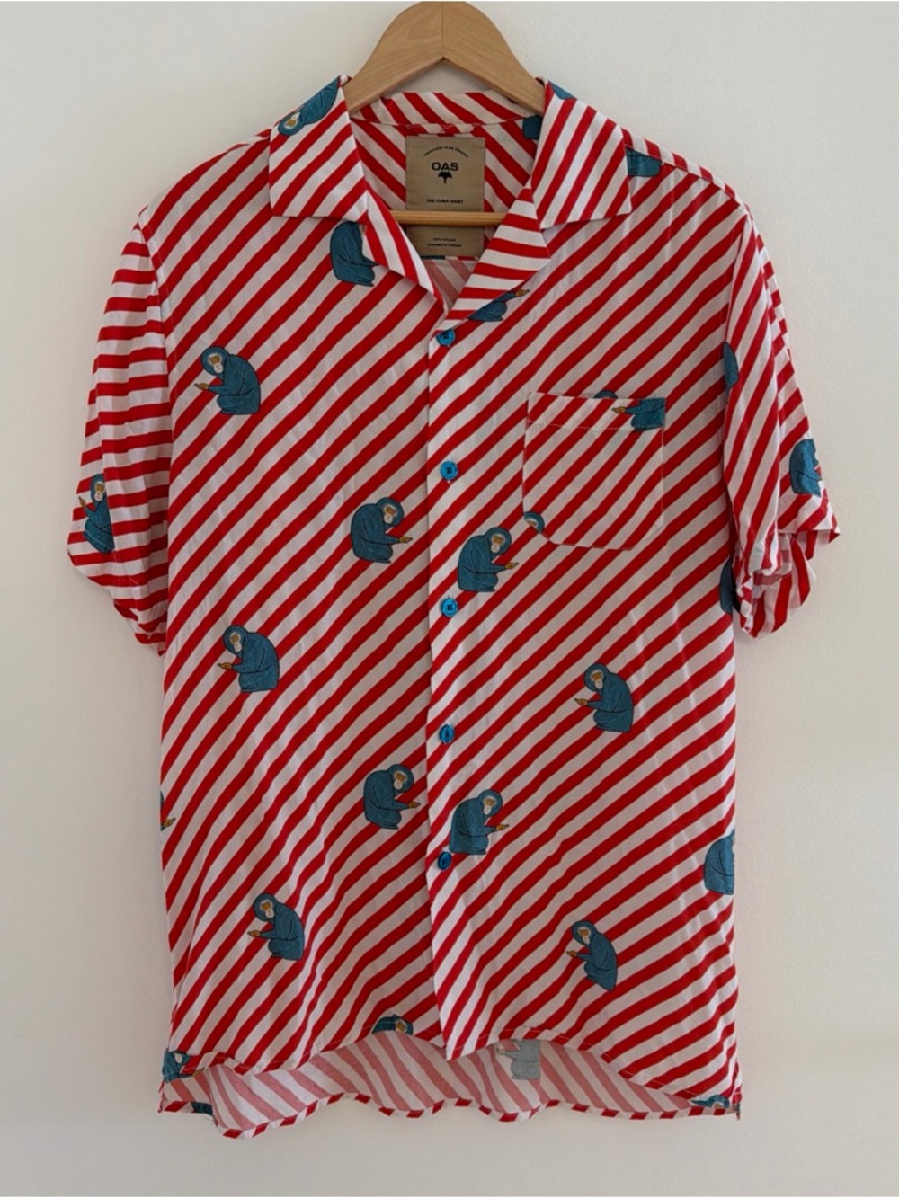OAS  Cuba Shirt Men's MEDIUM Striped Monkey Viscose Fourth Of July Resortwear